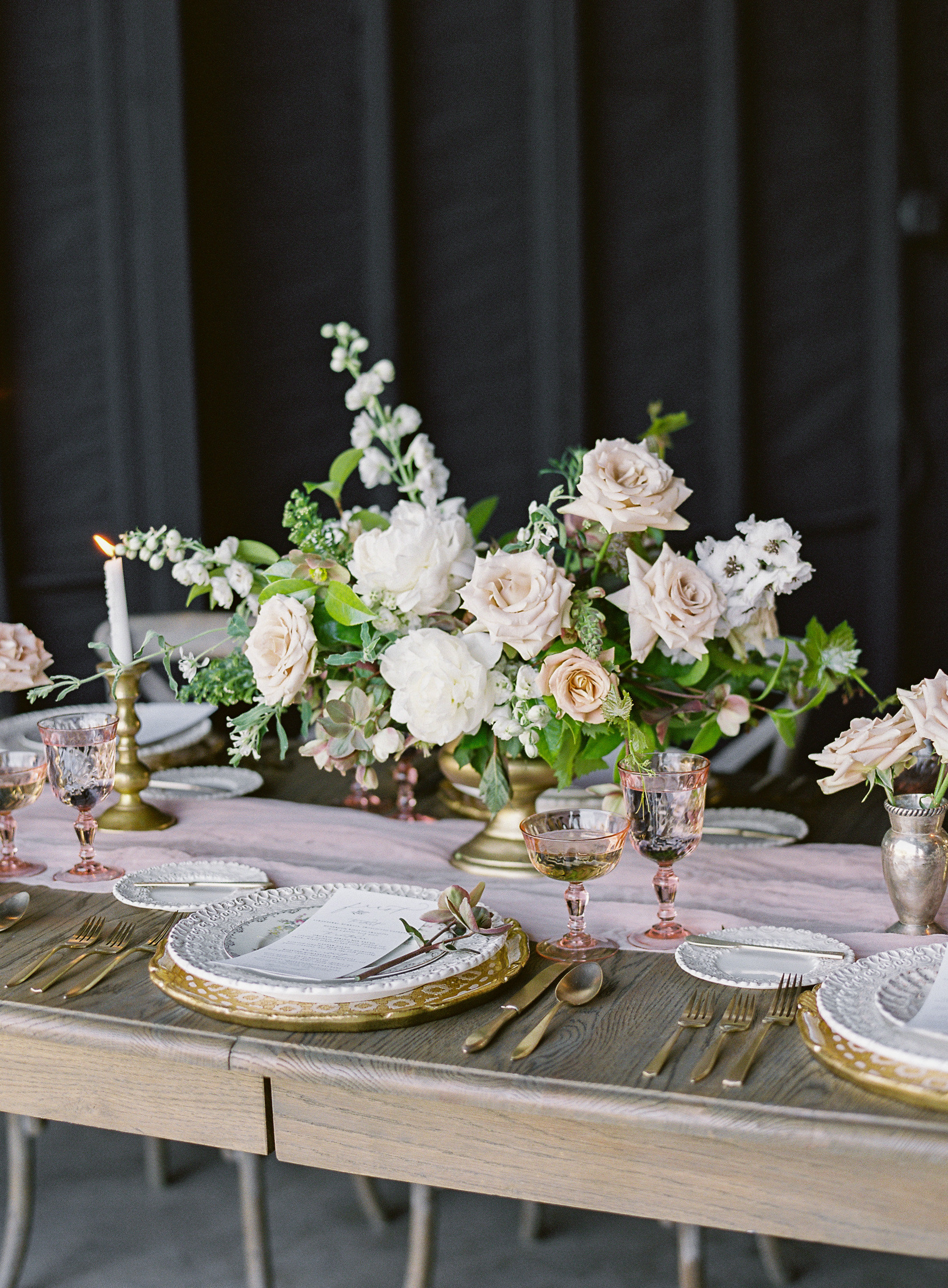 Blush and white reception tablescape centerpiece